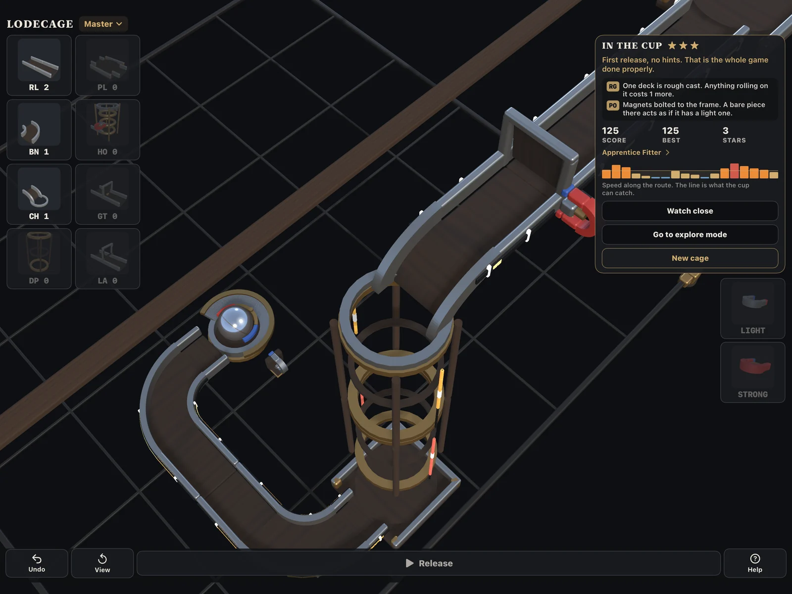 The LodeCage screen after a solve on a Master cage: the card reads In the cup with three stars, score 125 and best 125, above the speed trace of the whole run, and the ball sits in the cup at the end of the route