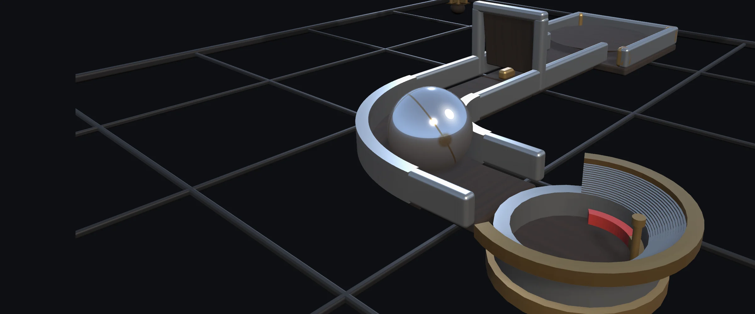 A steel ball resting on a bend inside the LodeCage, with the brass cup waiting beside it