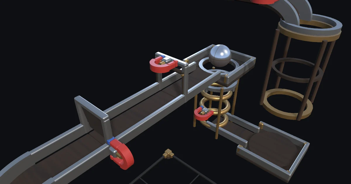 An Expert LodeCage route: the ball on the plate at the top of the hoist, with red strong magnets seated on the hoist and on the route; the hoist is one of the parts LodeCage Complete adds
