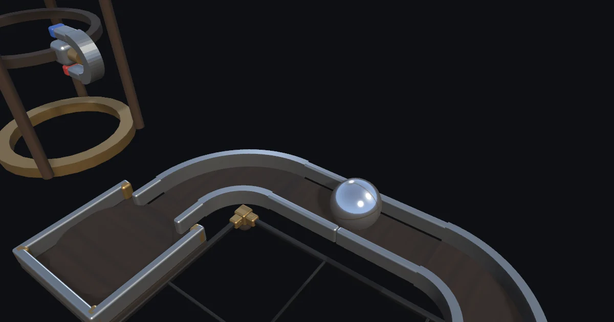 The steel ball rolling through a bend on a LodeCage route, with a drop standing on the deck above