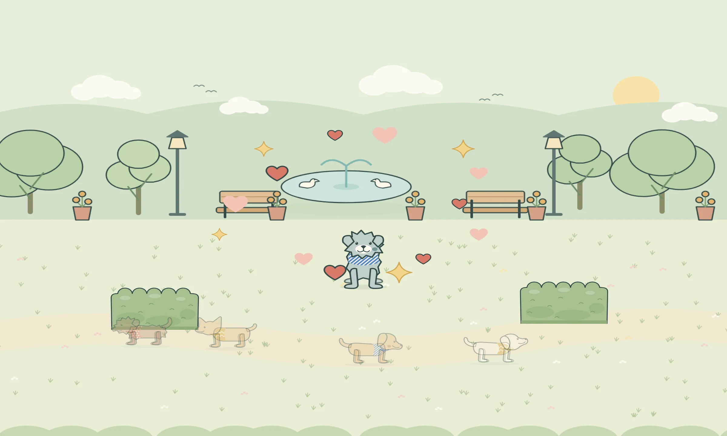 A little grey pup in a blue striped harness sits in the park, smiling, with hearts and sparkles all around it