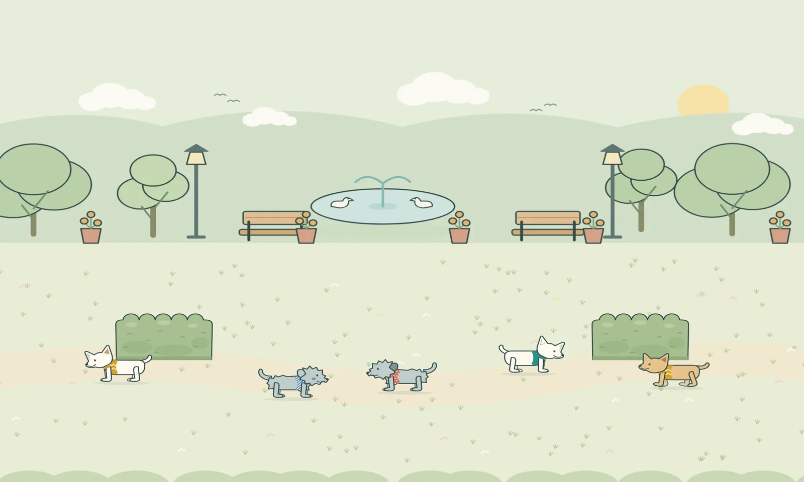 The park on the Gentle level, with a handful of pups walking along the path