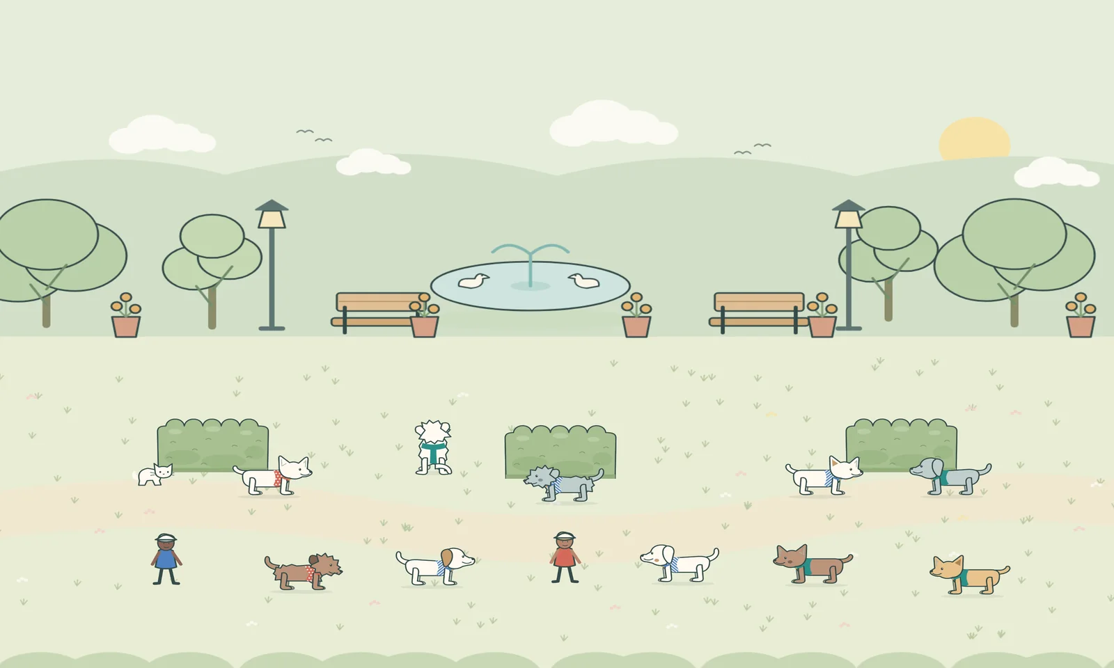 The park on the Busy level, with lots of pups, a couple of people and cats