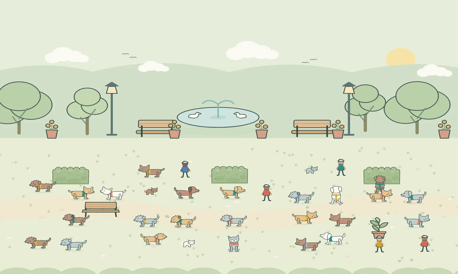 The park on the Bustling level, crowded with dozens of pups, people and cats