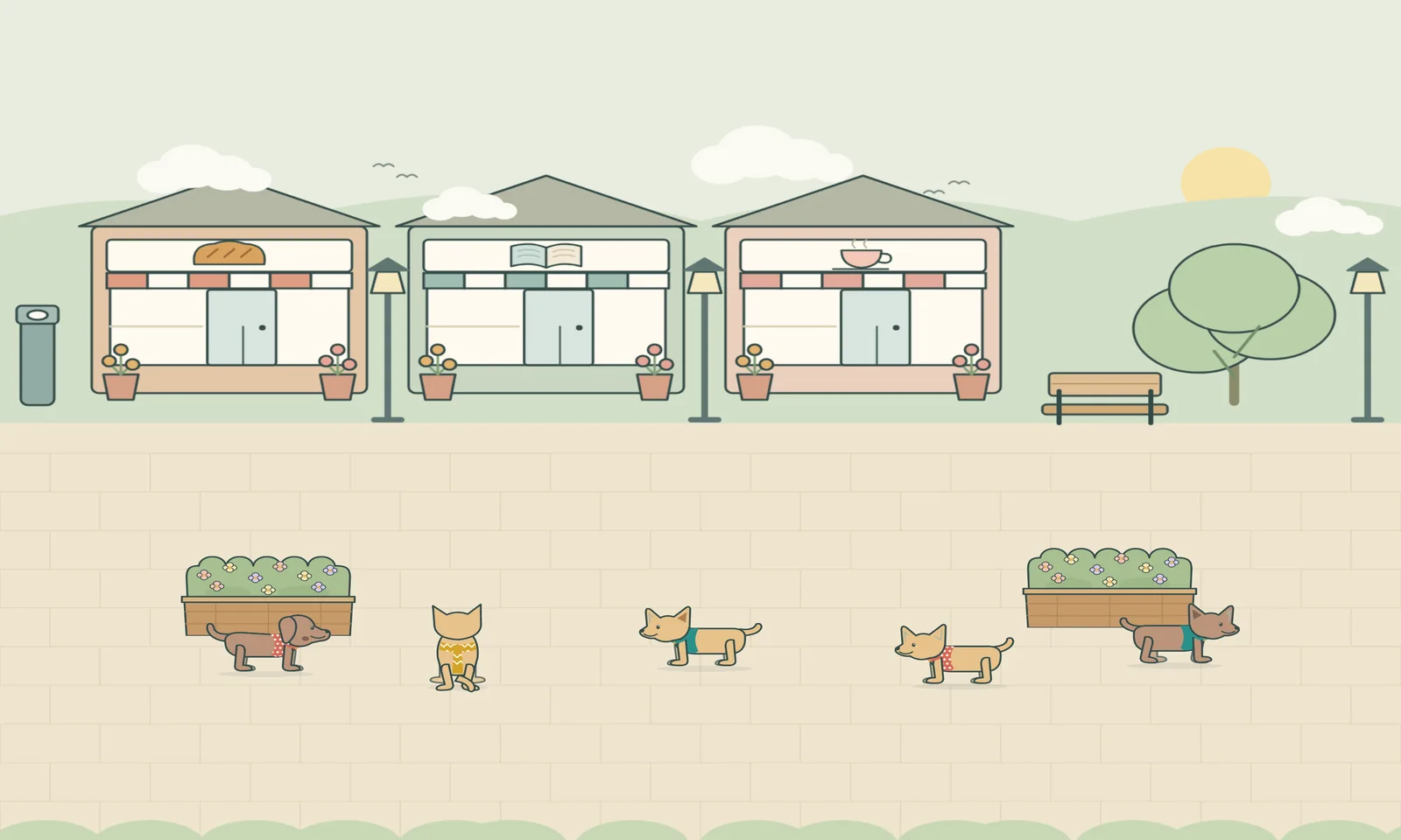 Little Main Street, with a bakery, a bookshop and a coffee shop along a brick sidewalk