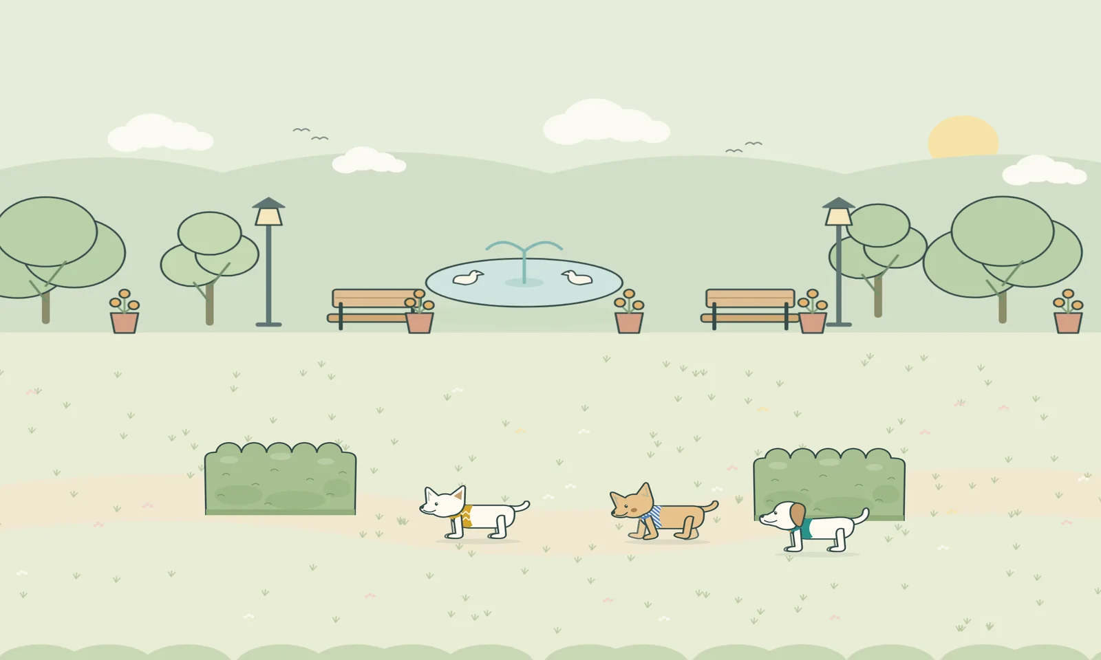Willow Park, with a duck fountain, benches, lamp posts and trees