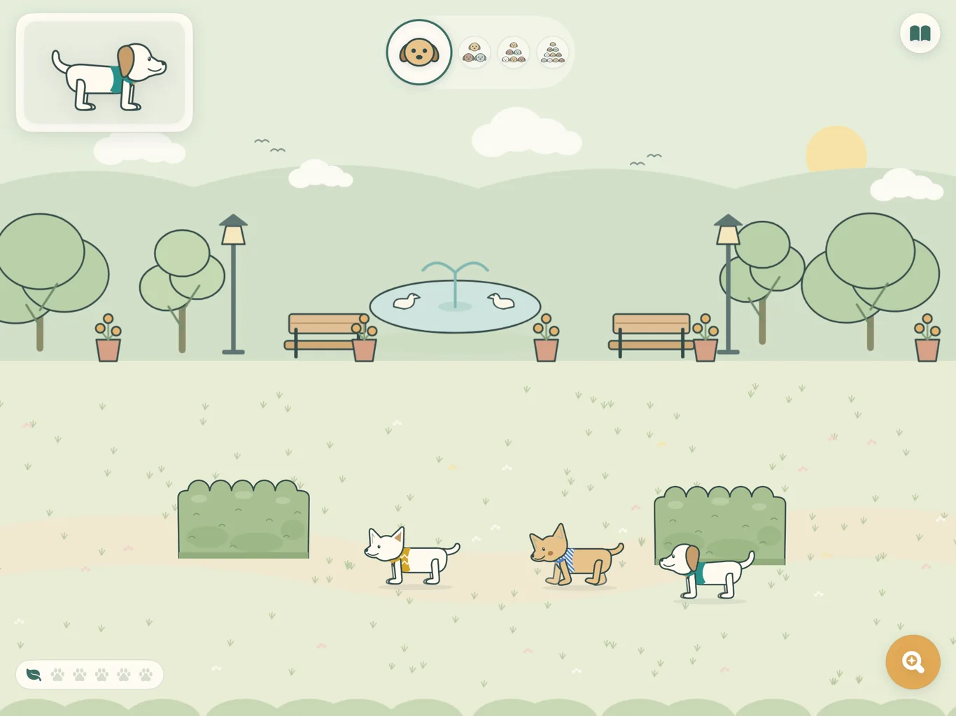 The PeekyPup park with a white pup with a brown ear and a teal harness shown in the card in the top corner