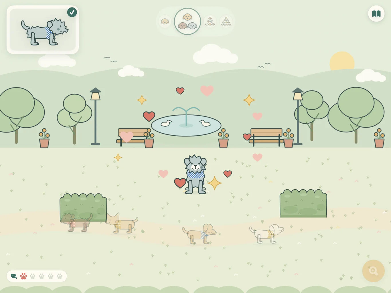 A little grey pup found in the park, sitting up close and smiling with hearts and sparkles around it