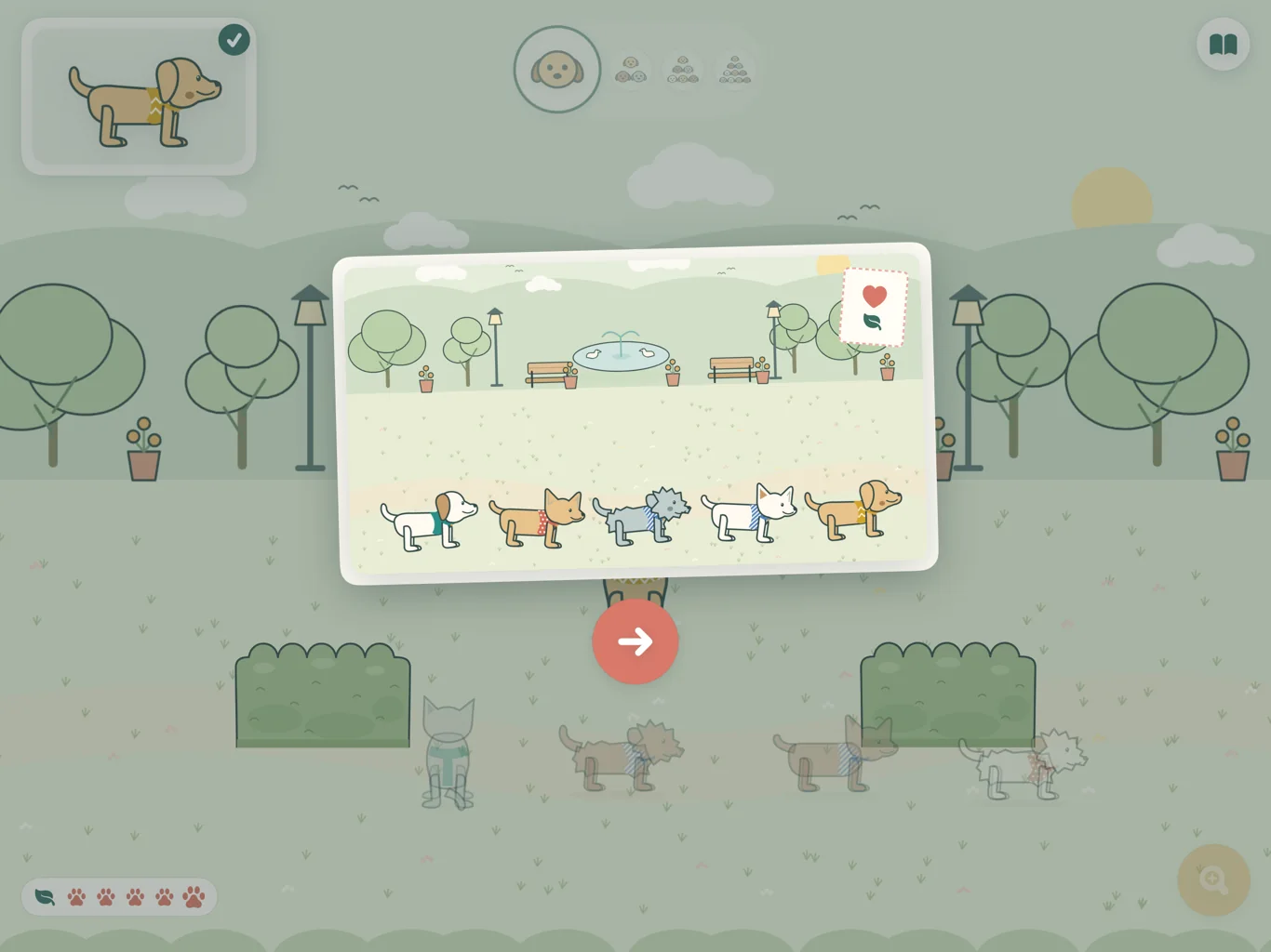 A postcard of the park showing the five pups found on this visit, with a big arrow button to go on