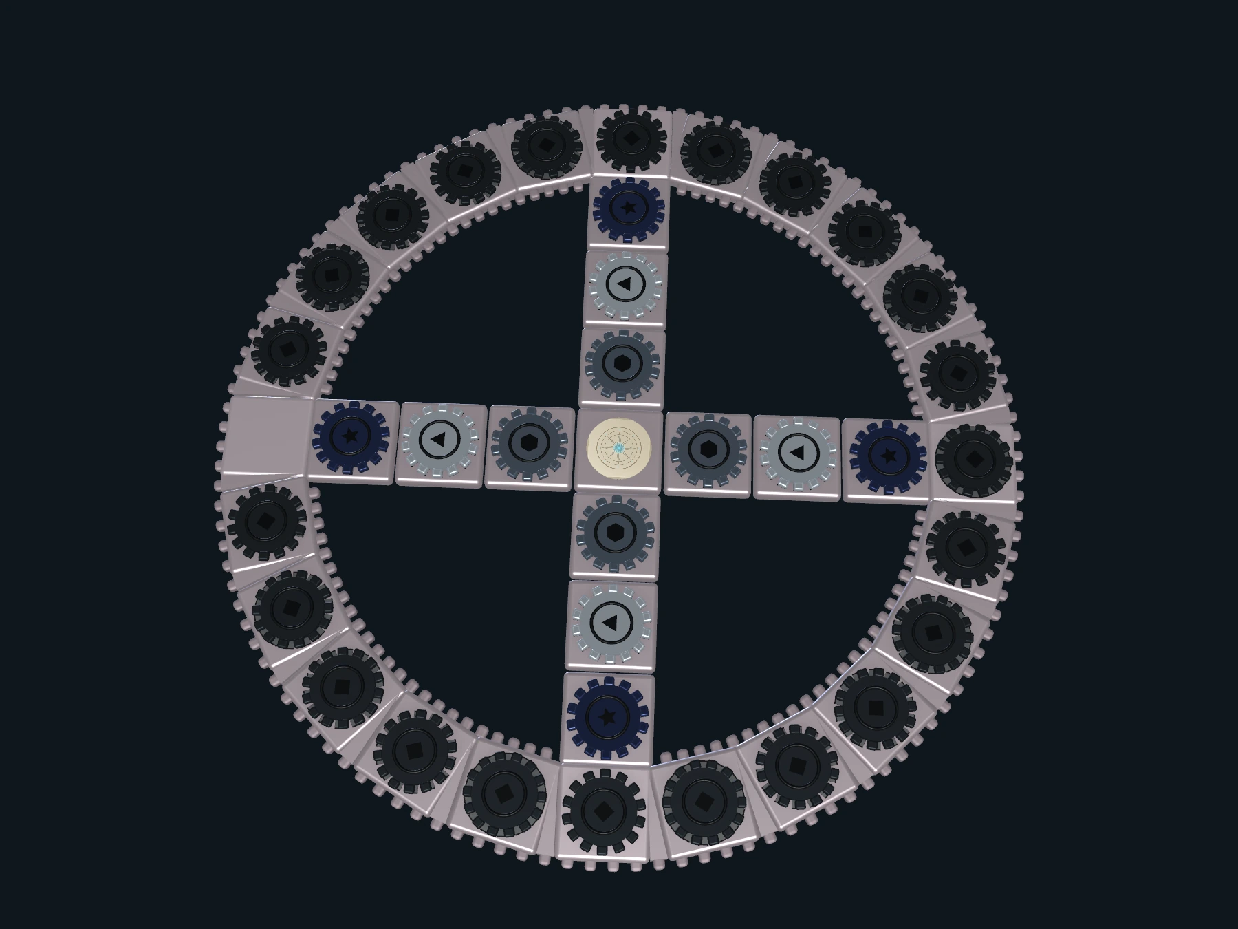 A solved Roselathe board — rose-toned machined plates, the rim of gears, and the four crossed spokes