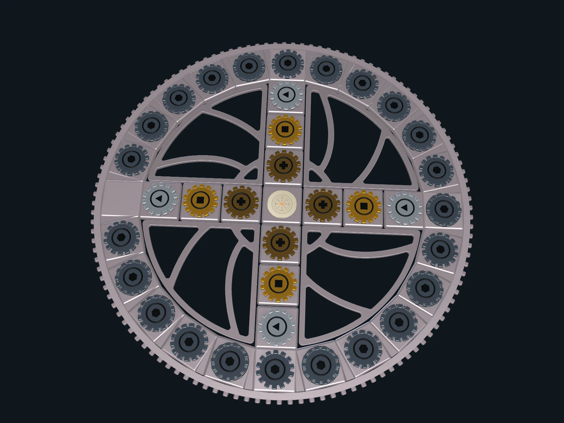 A solved Roselathe board: rose-toned machined plates, the rim of gears inside a toothed outer ring, and a web between the four crossed spokes