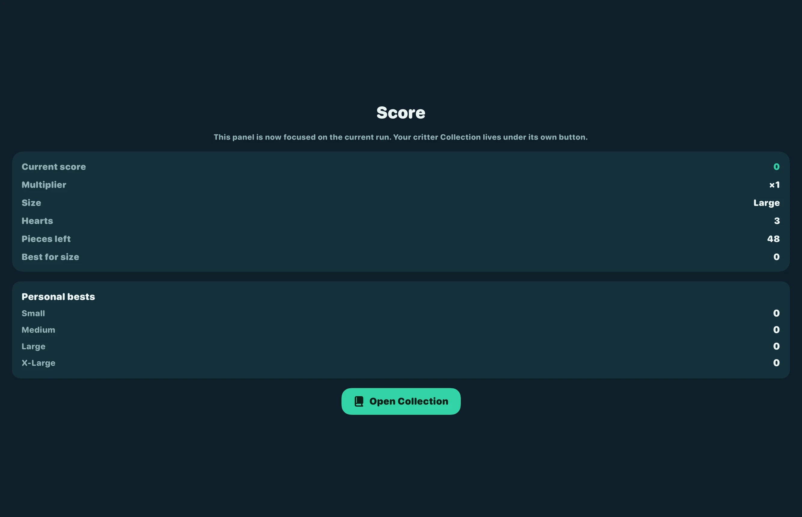 Skitter Out score and personal best panel