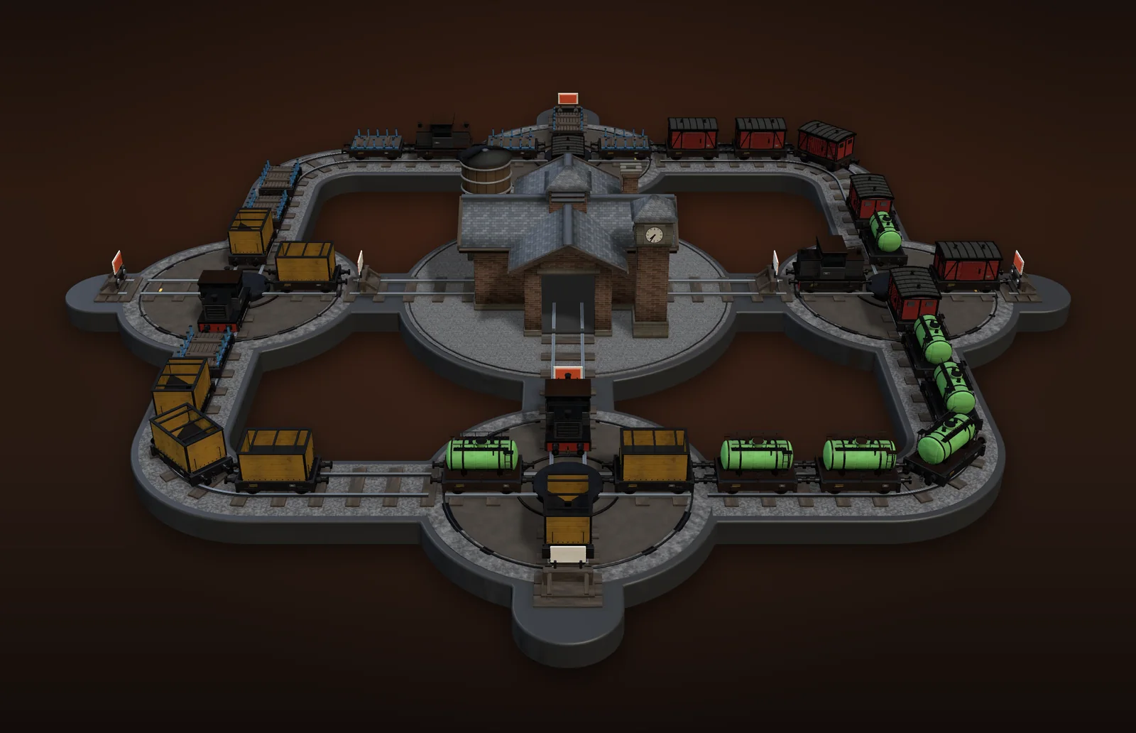 A TurnRake yard mid-problem, with liveries scattered across every road